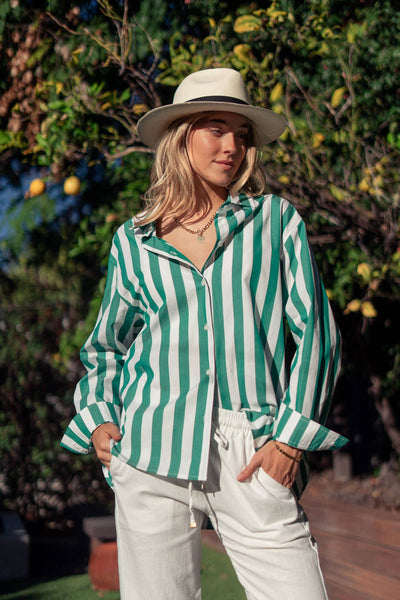 Oversized Stripe Button Down Collared Shirt: GREEN / S-2/M-2/L-2 - Lulu Bella Boutique