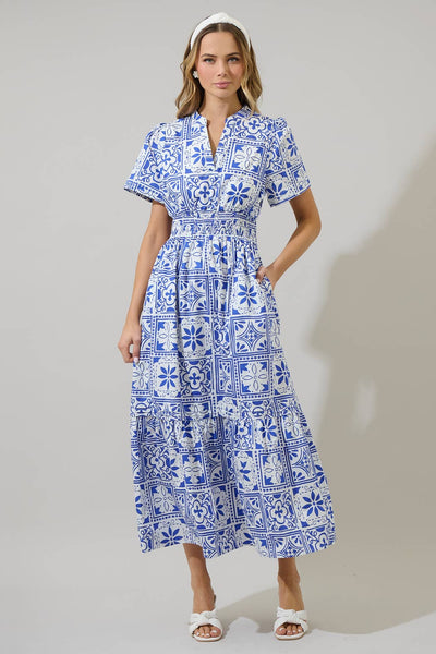 Arbor Floral Belraj Poplin Maxi Dress: WHT-BLUES-COMBO / XS - Lulu Bella Boutique