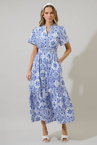 Arbor Floral Belraj Poplin Maxi Dress: WHT-BLUES-COMBO / XS - Lulu Bella Boutique