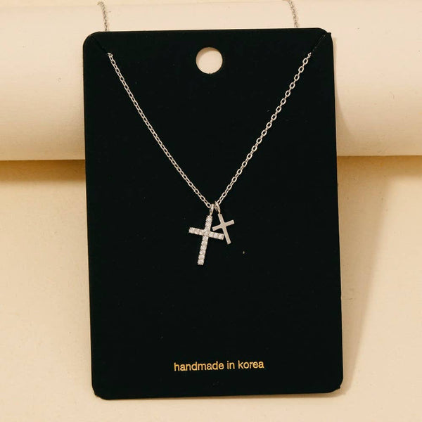 Cz Pave Double Cross Pendant Necklace: G - Lulu Bella Boutique
