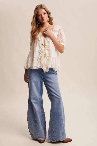 Lace Trim Ruffle Peplum Blouse LT1448: Cream / Contemporary / S - Lulu Bella Boutique