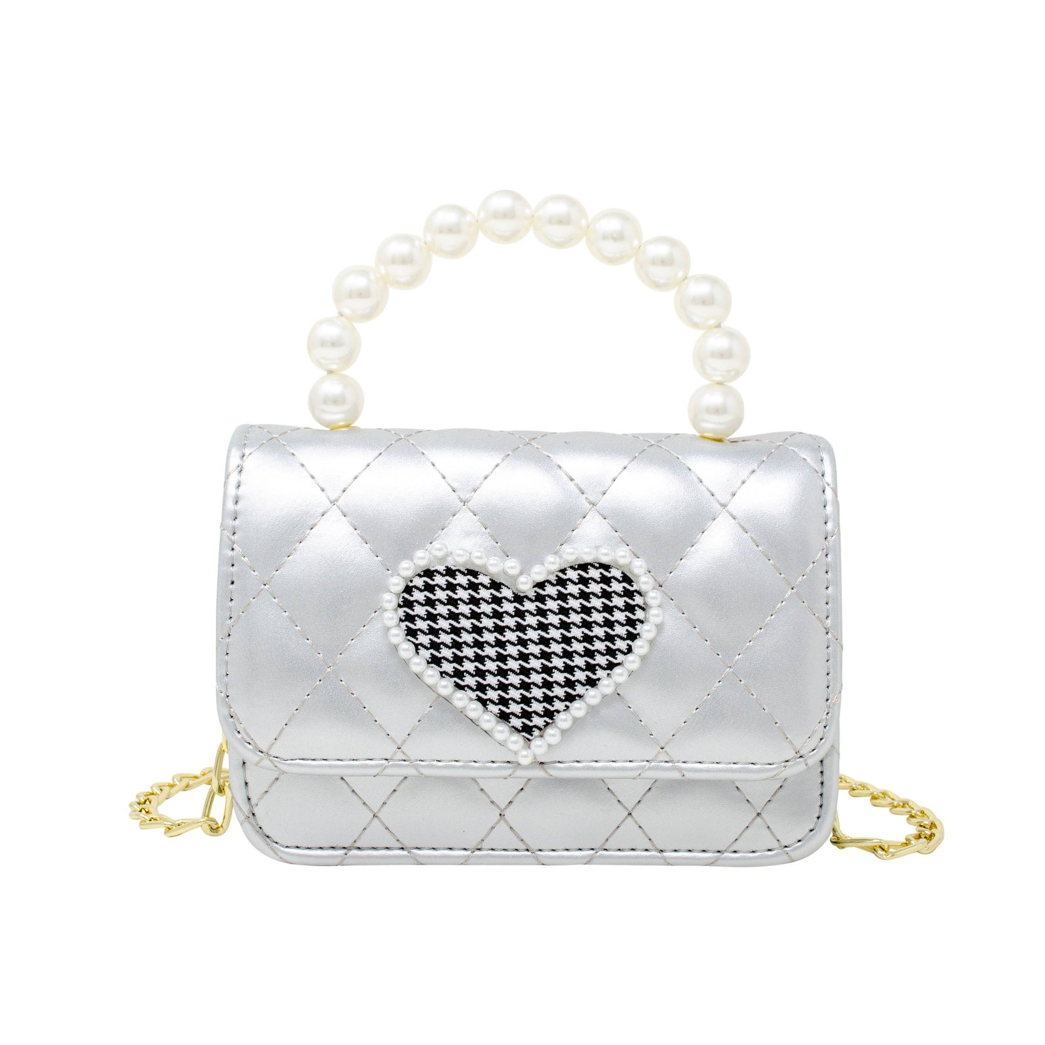 Quilted Pearl Handle Heart Bag: Silver