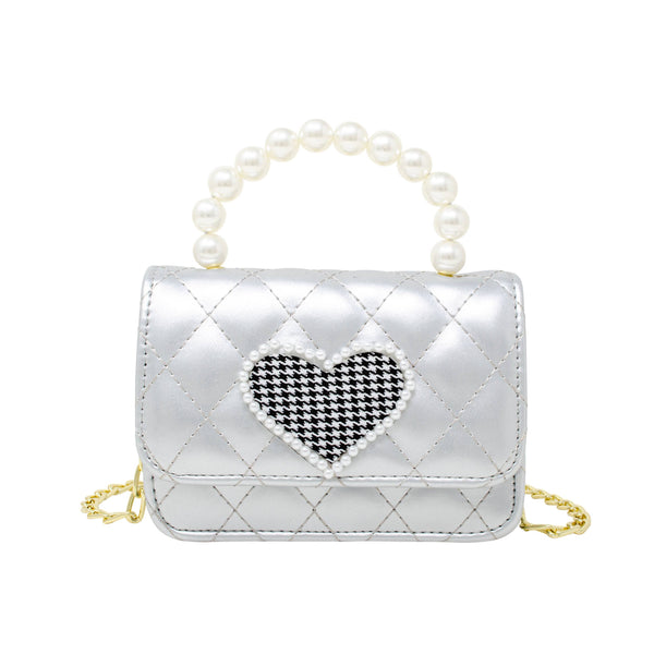 Quilted Pearl Handle Heart Bag: Silver