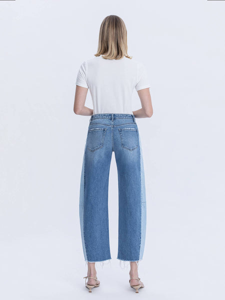 HIGH RISE TWO TONE BARREL LEG JEANS F6041: BLUE MEMOIR / 28 - Lulu Bella Boutique