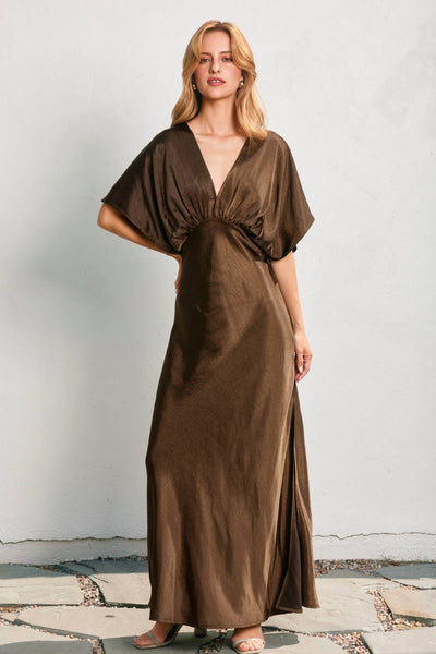 Satin Blouson Maxi Dress: ESPRESSO