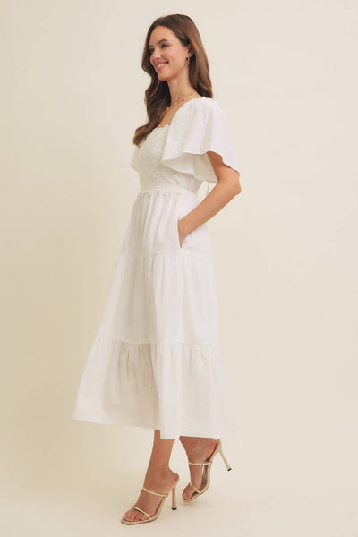 TIERED FLORAL CROCHET MIDI DRESS WITH FLUTTER SLVS: OFF WHITE / L - Lulu Bella Boutique