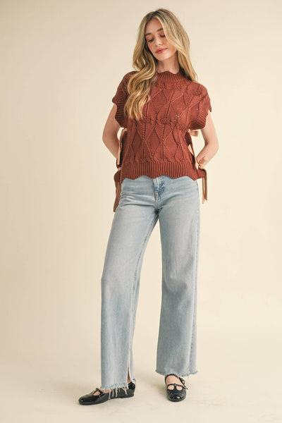 MOCK NECK CROPPED SWEATER VEST MSW2133: Choco Fudge / S - Lulu Bella Boutique