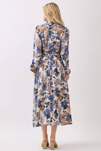 SMOCK NECK & WAIST RUFFLE MAXI FRONT SLIT DRESS: PURPLE BLUE