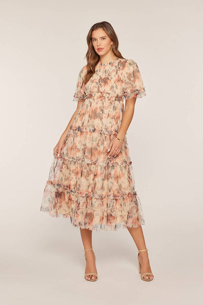 Floral Mesh Tiered Midi Dress: Ivory/Red/Charcoal