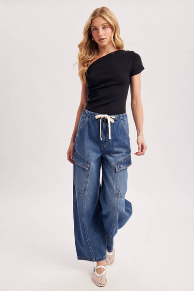 DRAPED KNIT ASYMMETRIC ONE SHOULDER KNIT TOP: Black / S - Lulu Bella Boutique