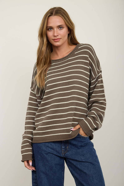 CREAM STRIPED DROP SHOULDER CREW NECK SWEATER: TAUPE