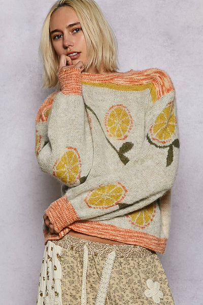 Long sleeve fruit motif pattern multi-colored sweater top: ORANGE/NATURAL MULTI / S - Lulu Bella Boutique