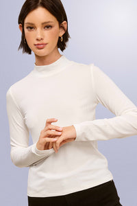 Stretchy Ribbed Long Sleeve Mock Neck Basic Top: Milk / S