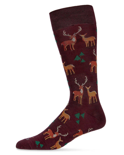 MeMoi Oh Deer Bamboo Blend Men's Crew Socks: Burgundy / 10 13