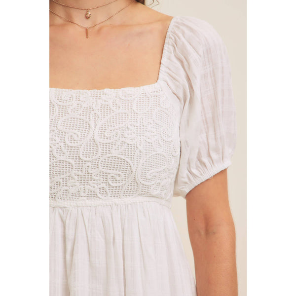 AIRY COTTON GAUZE CROCHET MINI DRESS WITH SMOCKED BACK: OPTIC WHITE / S - Lulu Bella Boutique