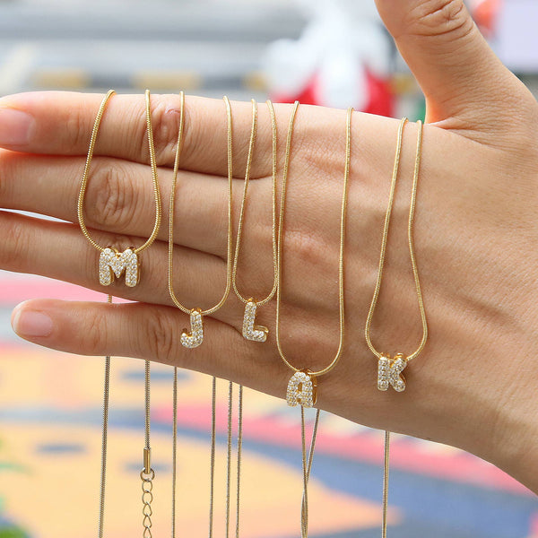 Mini Rhinestone Gold Initial Letter Necklace Jewelry: M