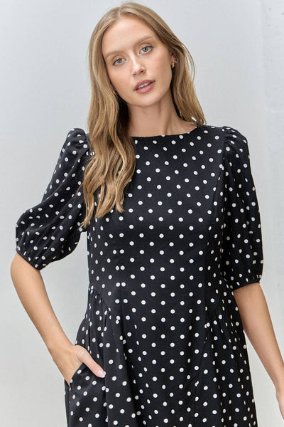 Classic Polka Dot Puff Sleeve Midi Dress: BLACK/IVORY