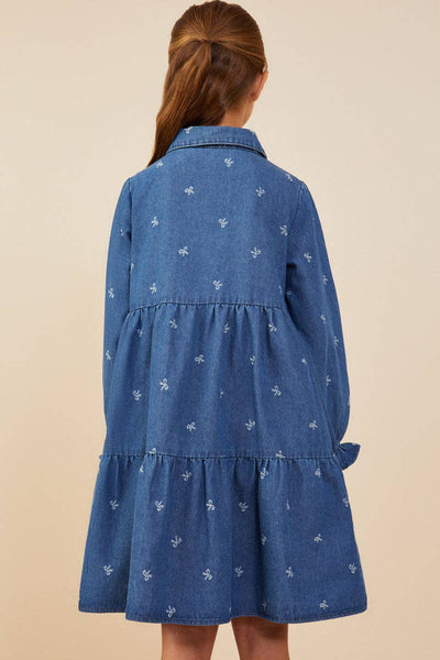 Girls Bow Printed Buttoned Denim Dress - Lulu Bella Boutique