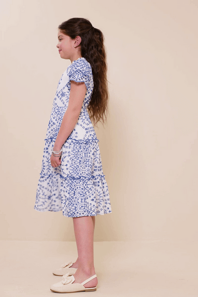 Girls Eyelet Lace Scallop Sleeve Midi Dress: Blue