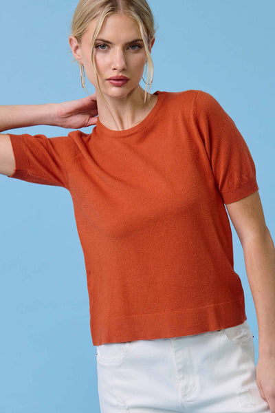 Soft Short Puffy Sleeve Basic Stretchy Knit Top: Pumpkin