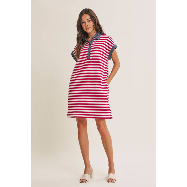 YACHT CLUB RELAXED FIT CASUAL STRIPE POLO MINI DRESS: BURGUNDY/CREAM