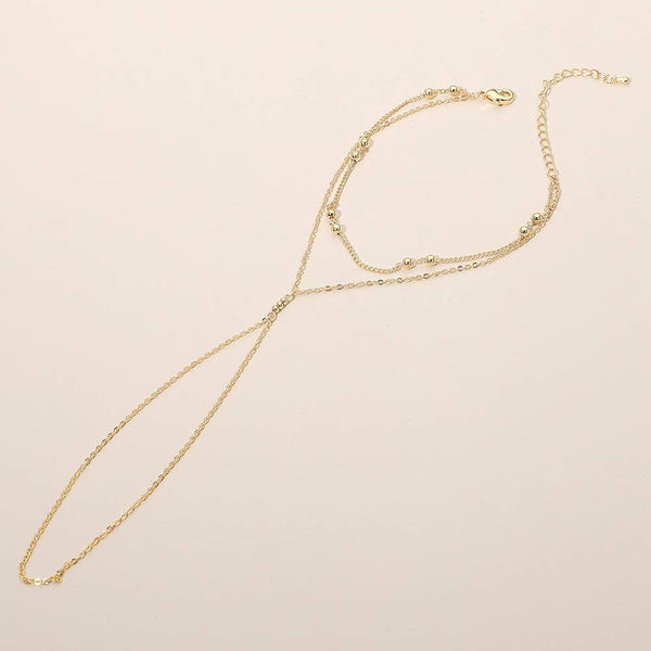 Delicate Beaded Accent Layered Hand Chain Bracelet: Gold - Lulu Bella Boutique
