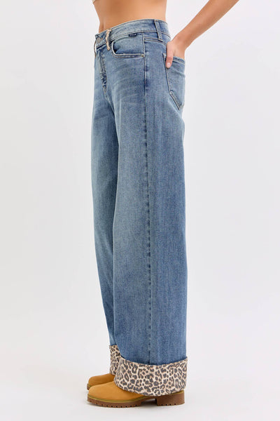 Mid Rise Wide Leg with Leopard Cuff