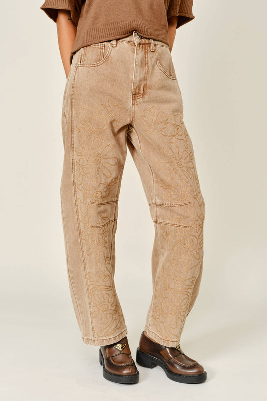 EMBROIDERED DETAIL COTTON BARREL PANTS: RUST