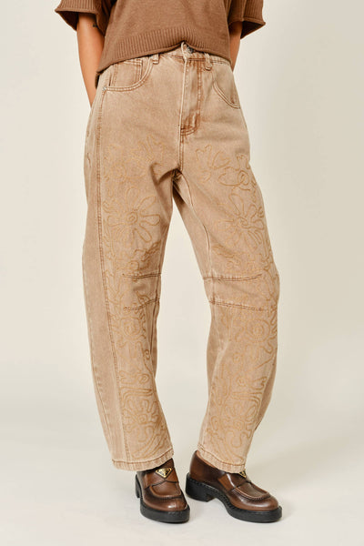 EMBROIDERED DETAIL COTTON BARREL PANTS: RUST