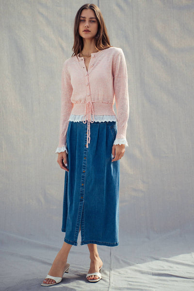 Button-Front Denim Midi Skirt: DENIM / S-2/M-2/L-2 - Lulu Bella Boutique