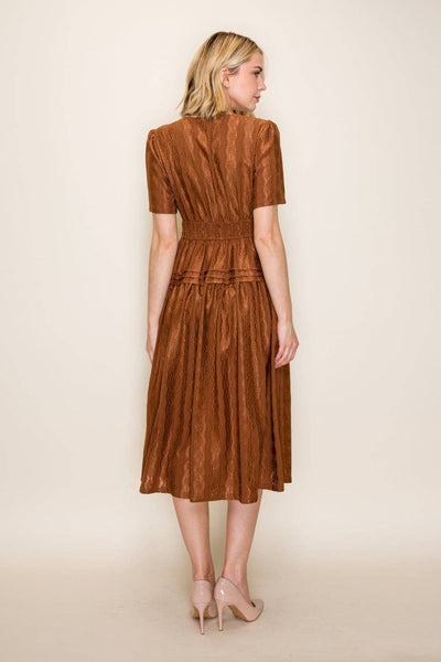 Smocked Waist Tiered Midi Dress: Brown