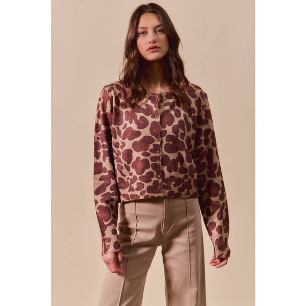 LEOPARD PRINT BUTTON UP SWEATER CARDIGAN: LEOPARD