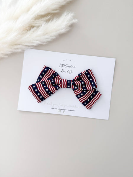 Red Stipes & Blue Stars 4th of July Pinwheel Hair Bow : Nylon Headband - Lulu Bella Boutique