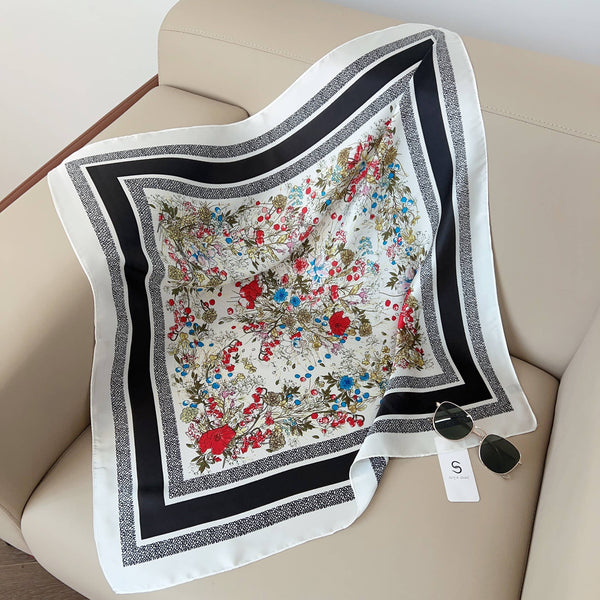 FLOWER SILKY BANDANA SQUARE NECK SCARF, DS 31165: GRY - Lulu Bella Boutique