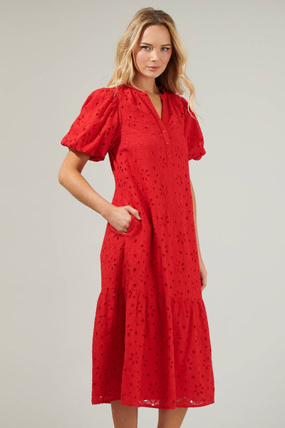 Villa Nova Eyelet Midi Dress: Red / S - Lulu Bella Boutique