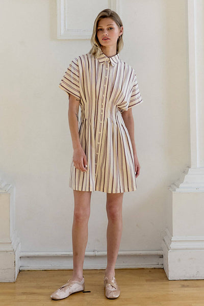 Stripe Dolman-Sleeve Button-Front Mini Dress - RD1361: CREAM PLUM STRIPE / S-M-L (3-2-1) - Lulu Bella Boutique