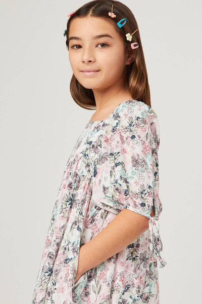 Girls Antique Floral Tie Sleeve Square Neck Dress: Pink