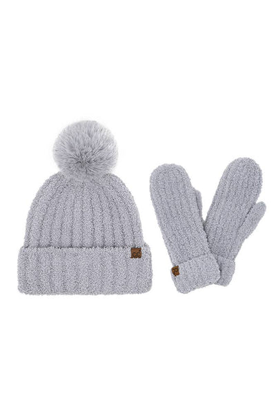 C.C Cozy Yarn Beanie Winter Hat & Mitten Set: Gray