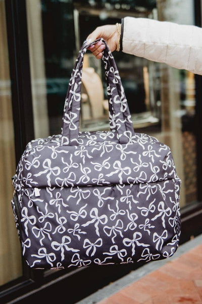Black & White Bows All Over Weekender Bag: Black - Lulu Bella Boutique