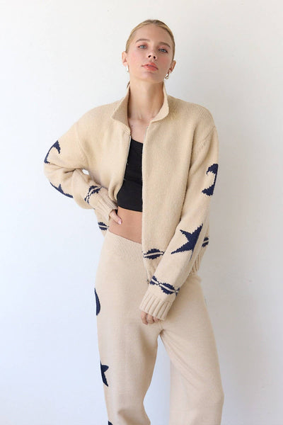 Cozy Pattern Zip Sweater Jacket-RSW1001: Beige / S-M-L (3-2-1) - Lulu Bella Boutique