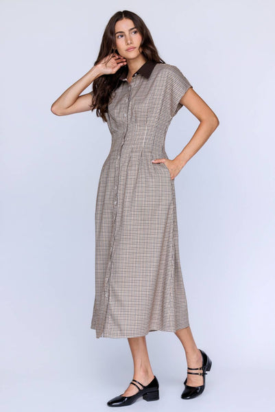 JD9208 - HOUNDSTOOTH COLLARED BUTTON DOWN MIDI DRESS: BROWN/IVORY / S - Lulu Bella Boutique