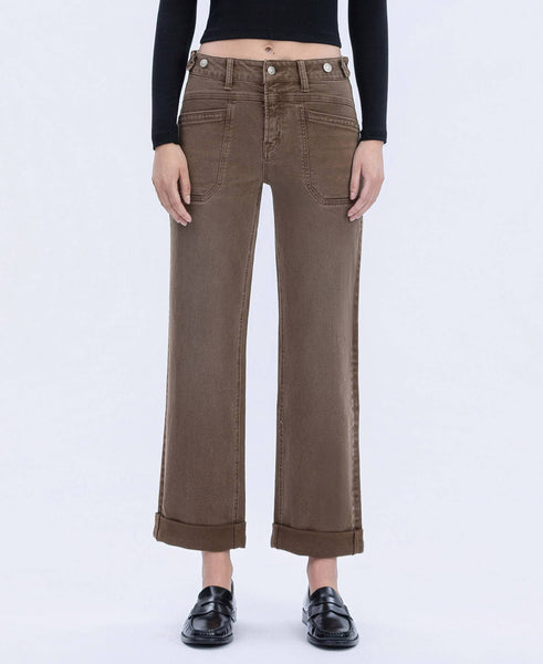 HIGH RISE TABBED WAISTBAND CUFFED SLIM WIDE JEANS F5920CFF: COFFEE / 24 - Lulu Bella Boutique