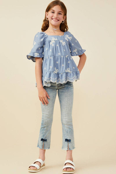 Girls Bow Embroidered Scallop Hem Peplum Top - Lulu Bella Boutique