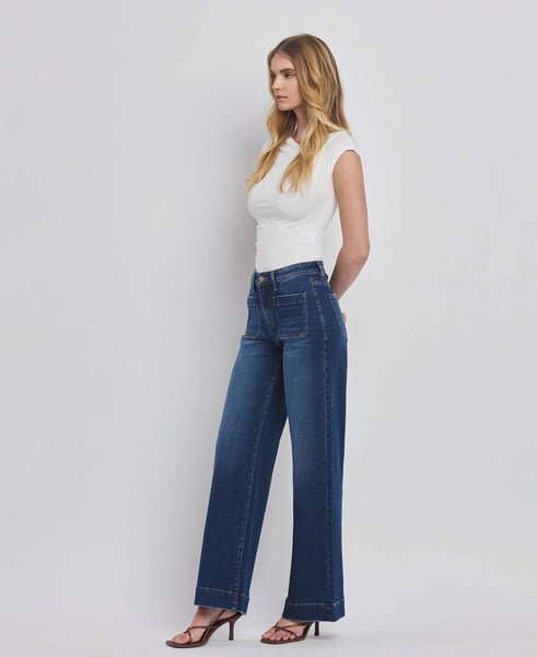 HIGH RISE PATCH POCKET TROUSER  HEM WIDE JEANS F5764D: DARK DENIM / 24 - Lulu Bella Boutique