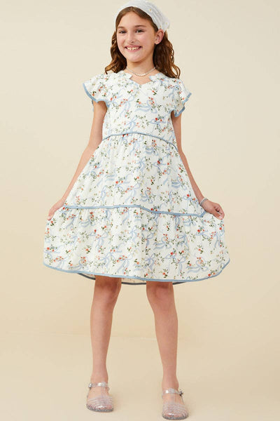 Girls Floral Ribbon Print Contrast Trim Dress: Blue