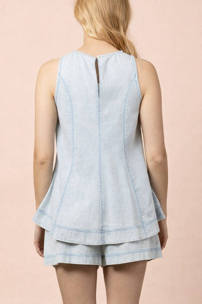 VJT80091SET-VERY JEAN Washed Denim Swing Top & Shorts Set: LT INDIGO / S-M-L/2-2-2 - Lulu Bella Boutique