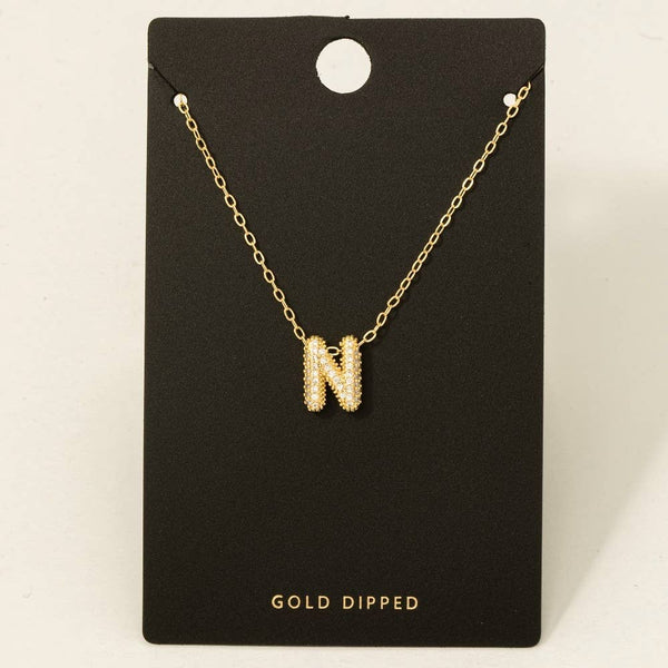 Gold Dipped Cz Pave Bubble Letter Pendant Necklace: E - Lulu Bella Boutique