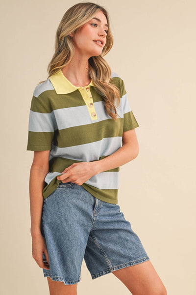 STRIPED SWEATER KNIT SHORT SLEEVE POLO MSW11339: BLUE SAGE / S - Lulu Bella Boutique