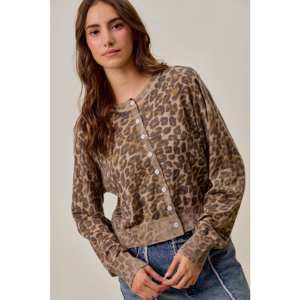 WASHED INSPIRED LEOPARD PRINT SWEATER CARDIGAN: LEOPARD / S - Lulu Bella Boutique
