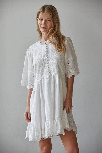 L9164 | Woven Cotton Eyelet with Embroidery Detailed Mini : White / S - Lulu Bella Boutique